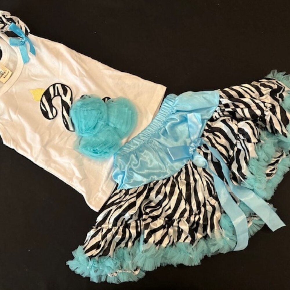 Aqua Zebra 2nd Birthday Girl Petti Outfit  2BDAYPS  2T-3T (80)  NWT Boutique